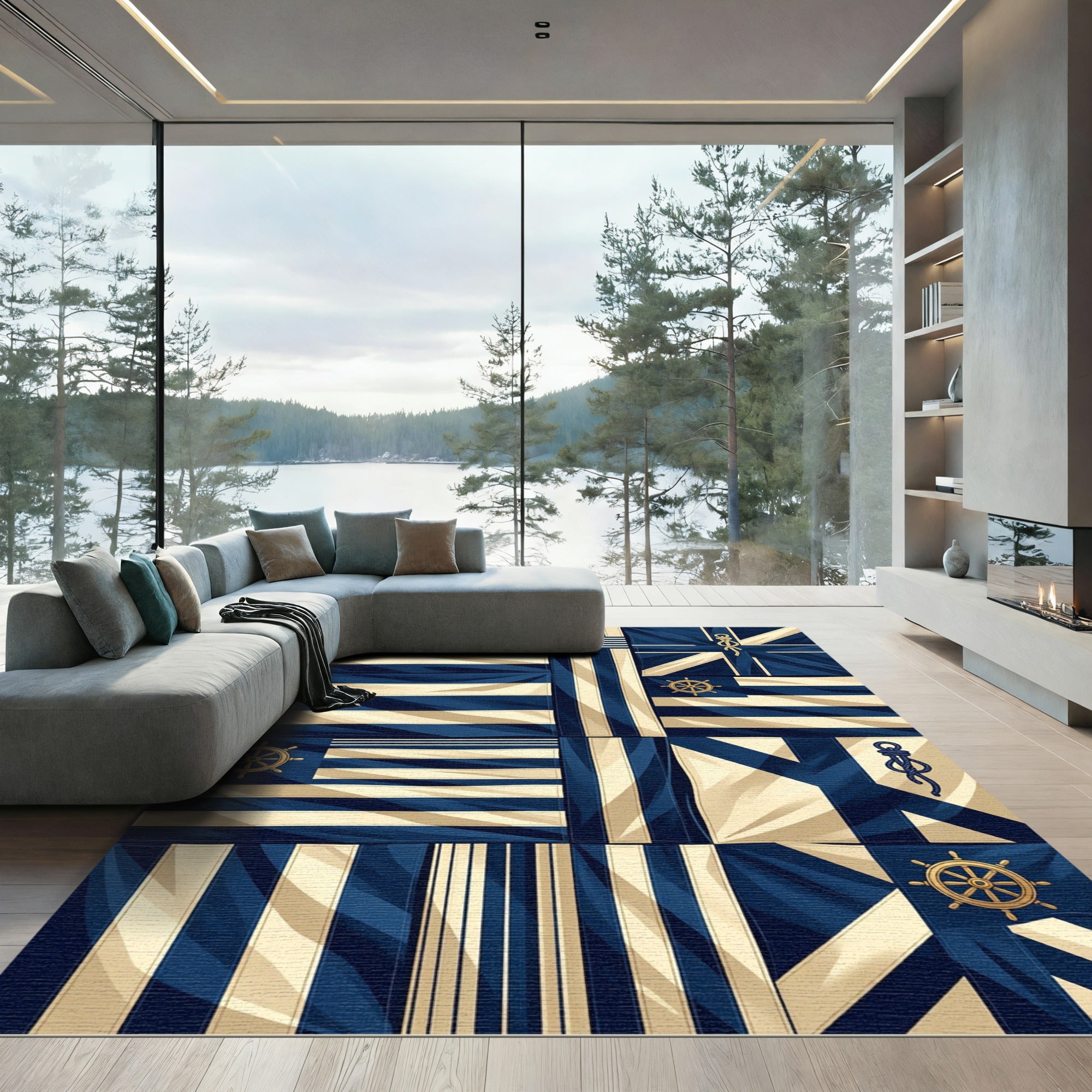 Nautical Navy Cream Segmented Mariner Grid Rug