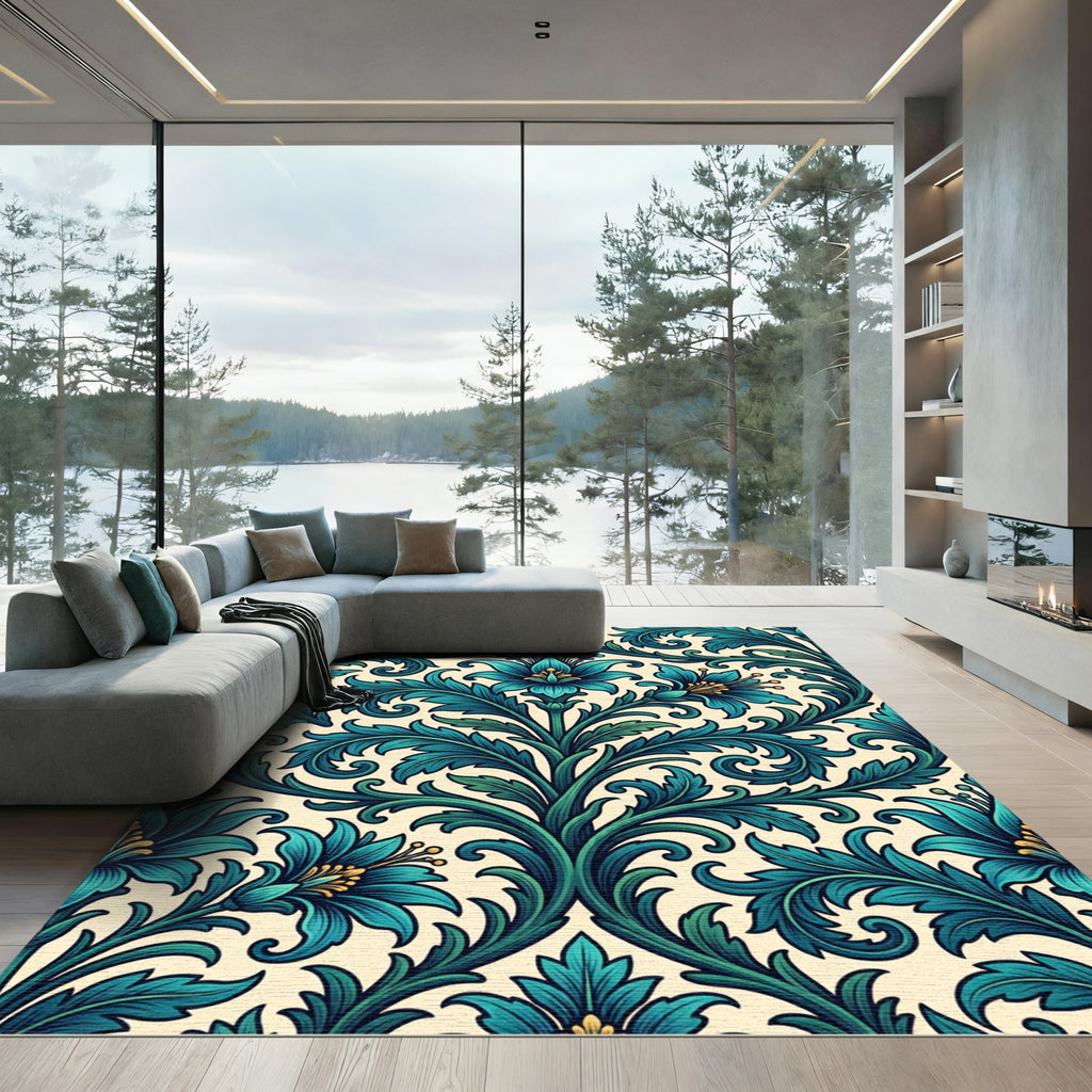 Teal Floral Damask Foliage Scroll Rug