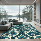 Teal Floral Damask Foliage Scroll Rug