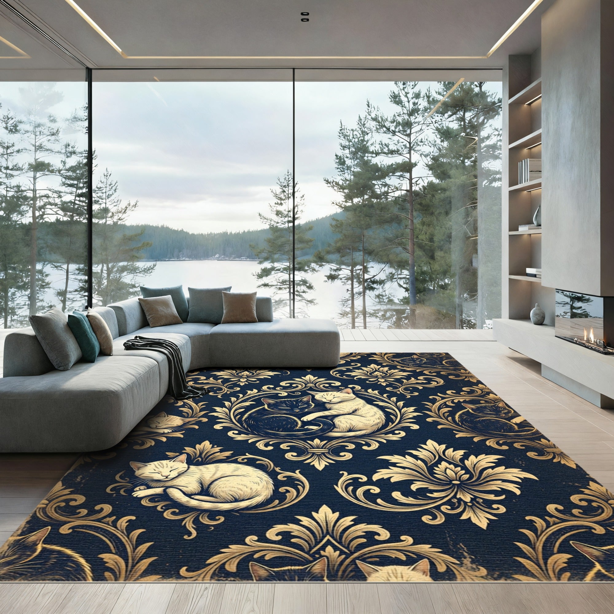 Midnight Blue Sleeping Cats Damask Rug