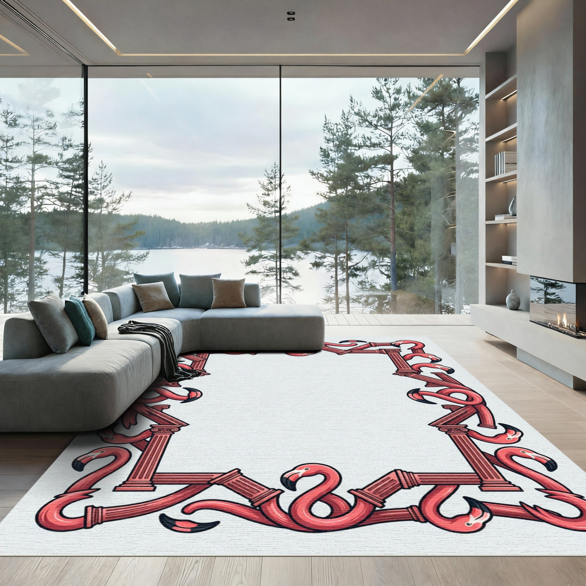 Pink Flamingo Column Border Rug