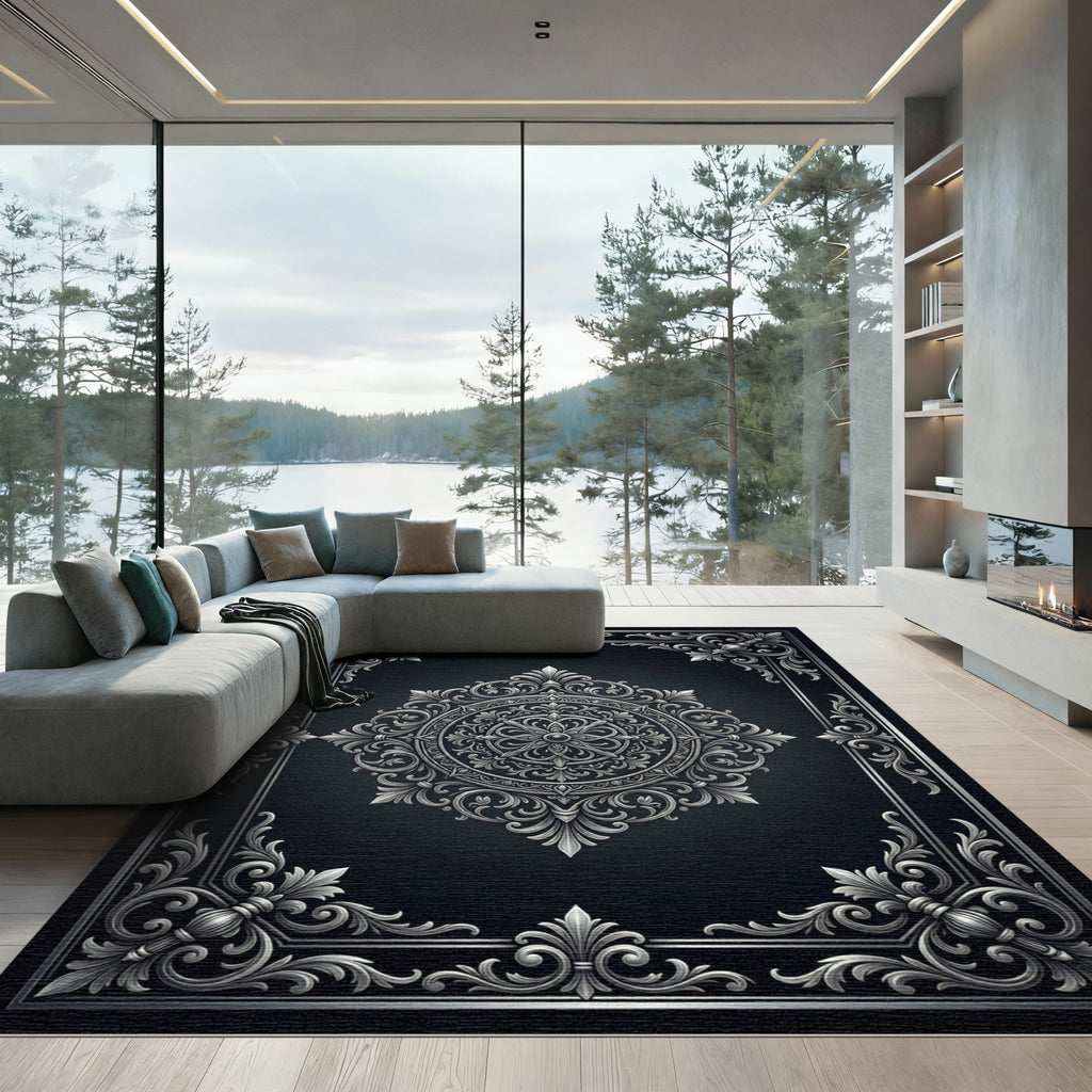Ornate Silver Floral Medallion Frame Rug