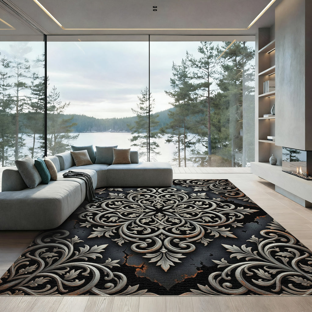 Ornate Silver Damask Medallion Charcoal Rug