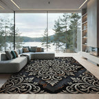 Ornate Silver Damask Medallion Charcoal Rug