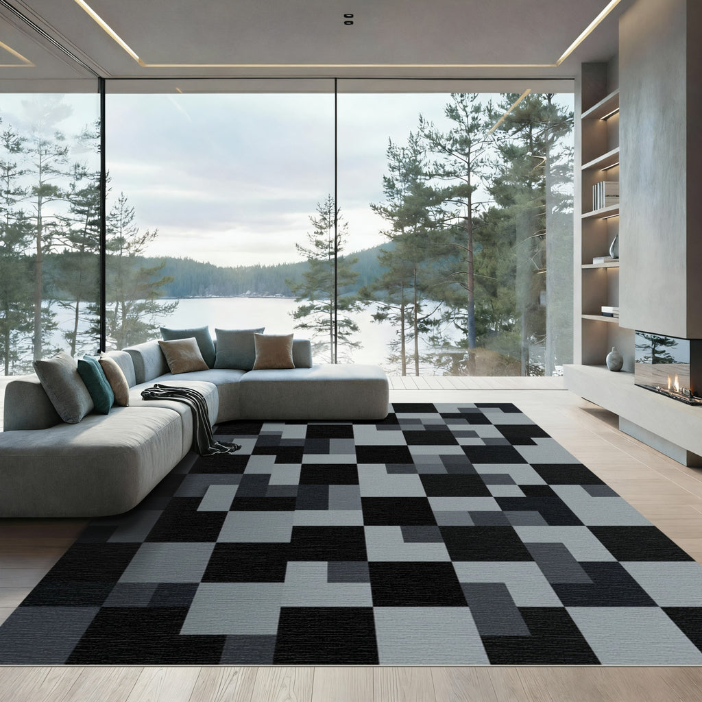 Monochrome Gray Abstract Pixel Grid Rug