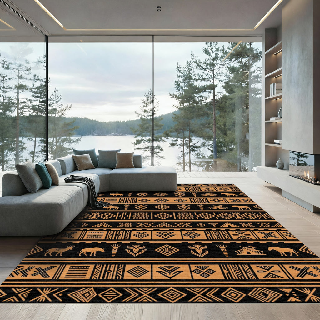 Earthy Black Terracotta Tribal Ornament Rug