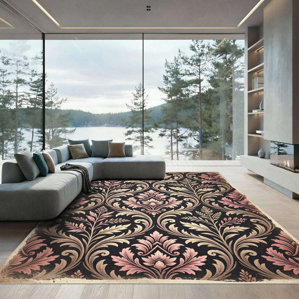 Rosy Pink Black Floral Damask Rug