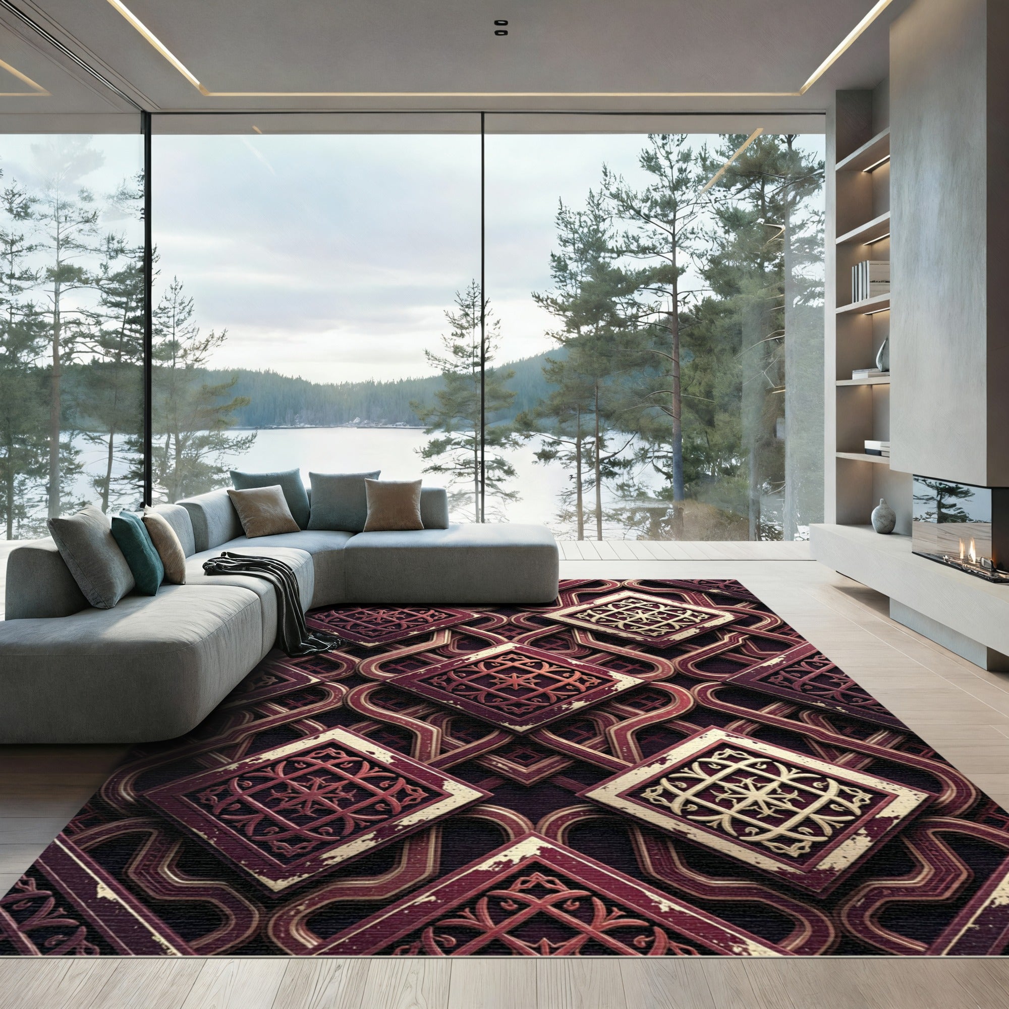 Ornate Crimson Geometric Interlocking Tile Rug