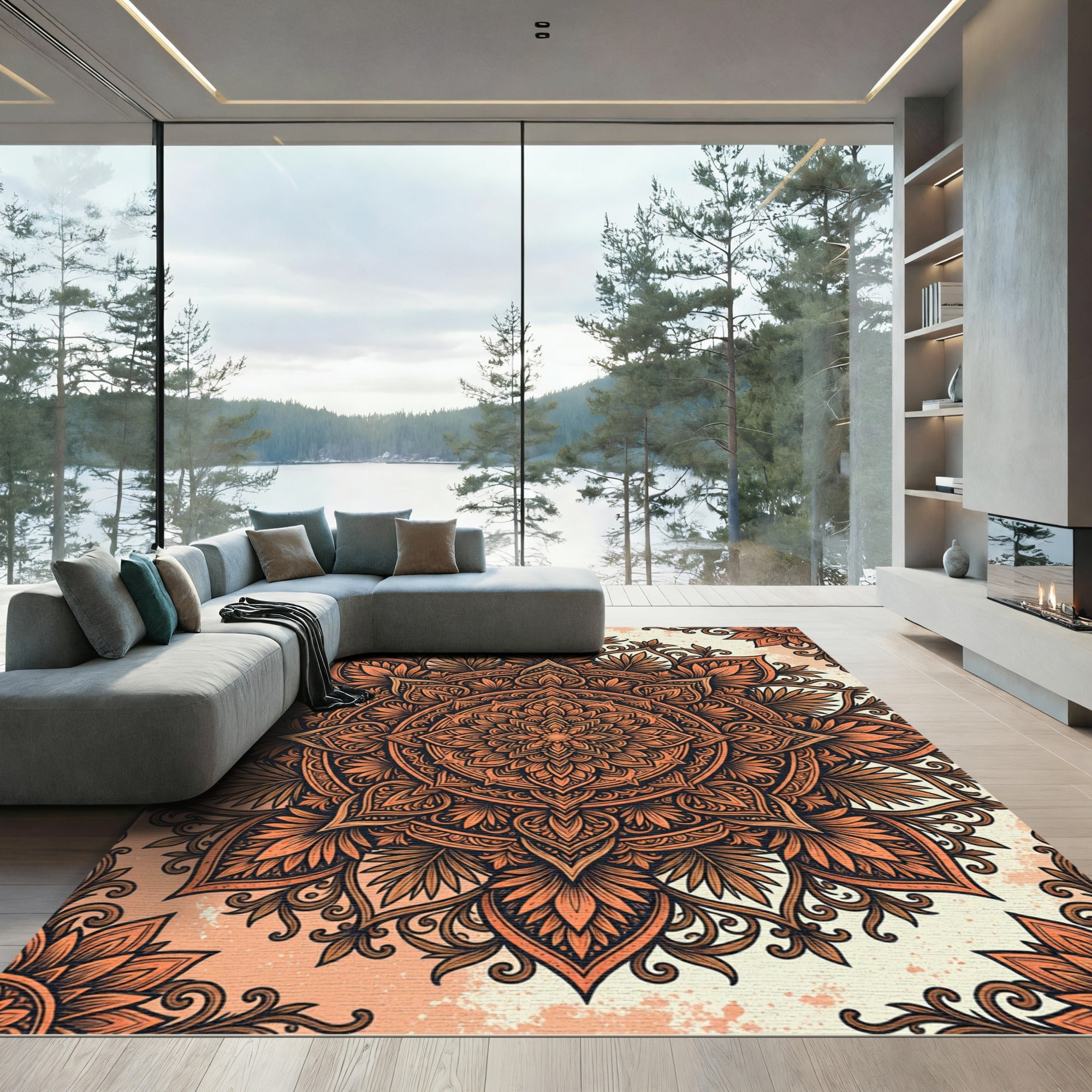 Intricate Terracotta Floral Mandala Medallion Rug