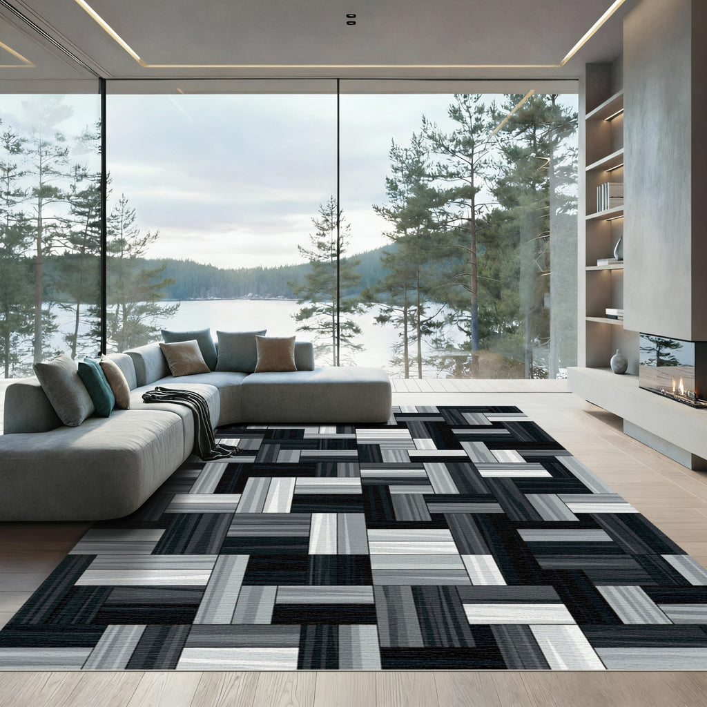 Monochrome Geometric Wood Grain Blocks Rug