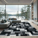 Monochrome Geometric Wood Grain Blocks Rug
