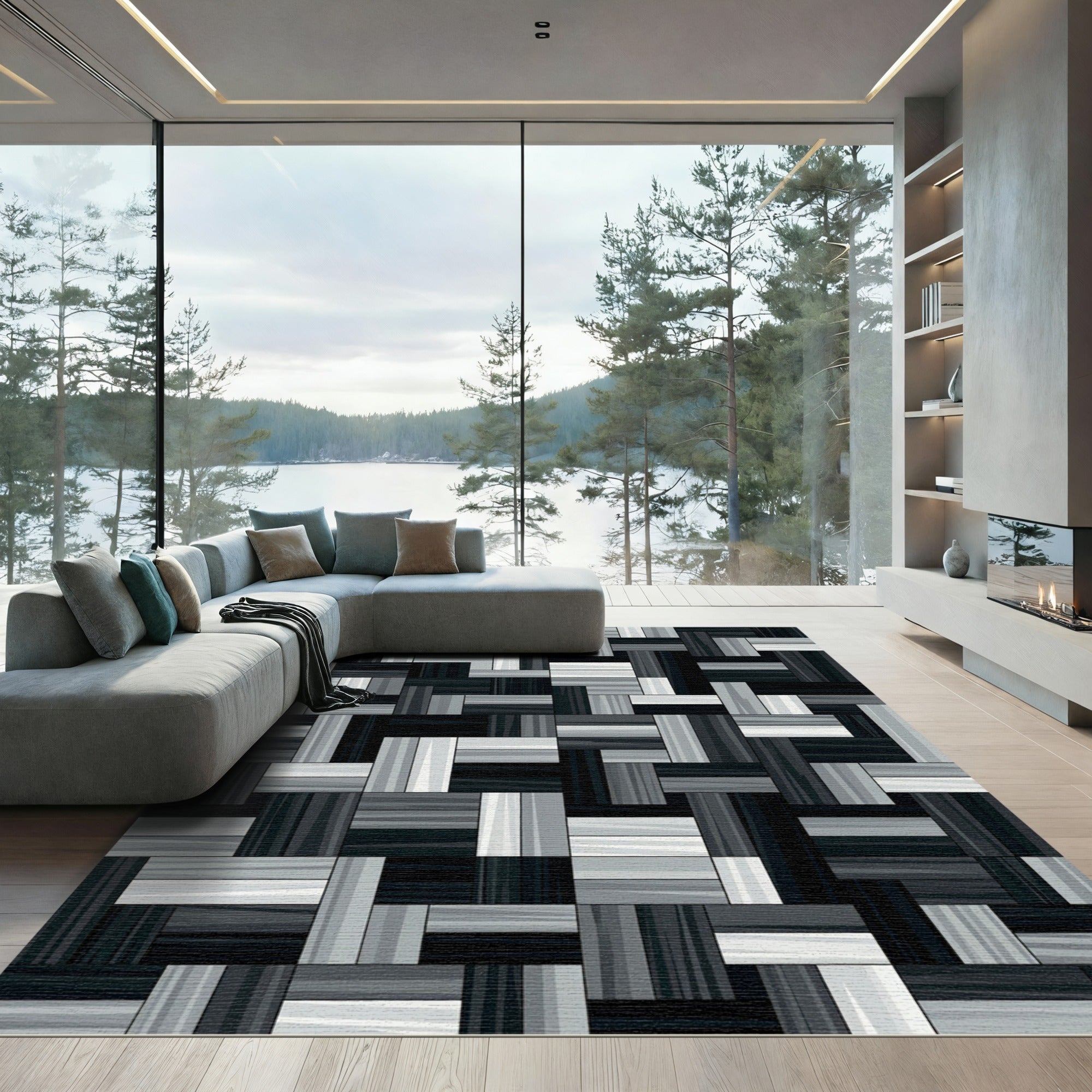 Monochrome Geometric Wood Grain Blocks Rug