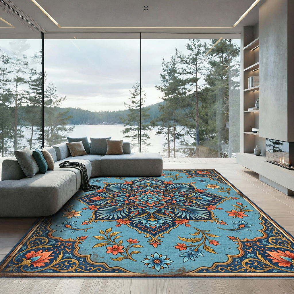 Azure Floral Medallion with Ornate Foliage Rug