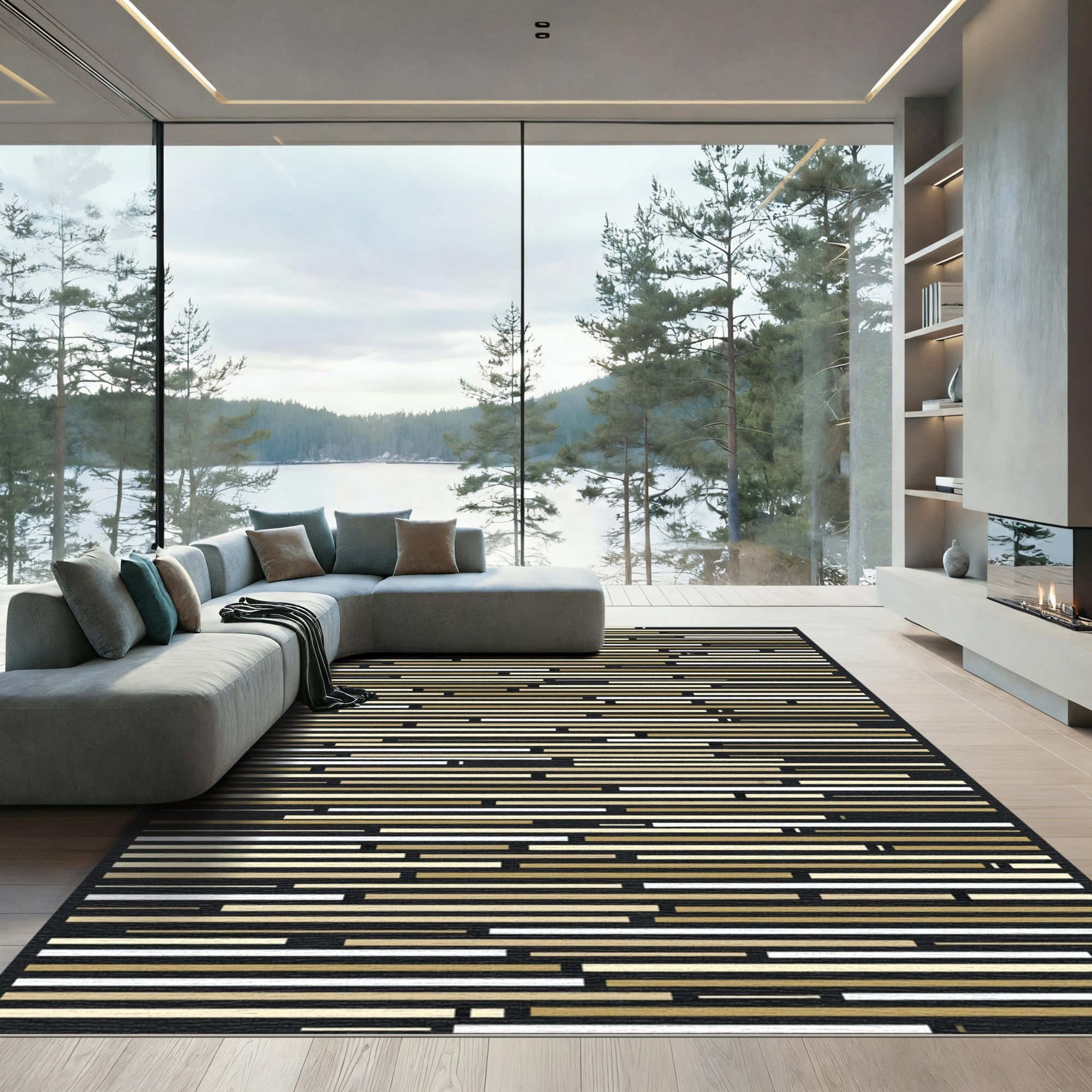 Modern Black And Gold Horizontal Lines Rug