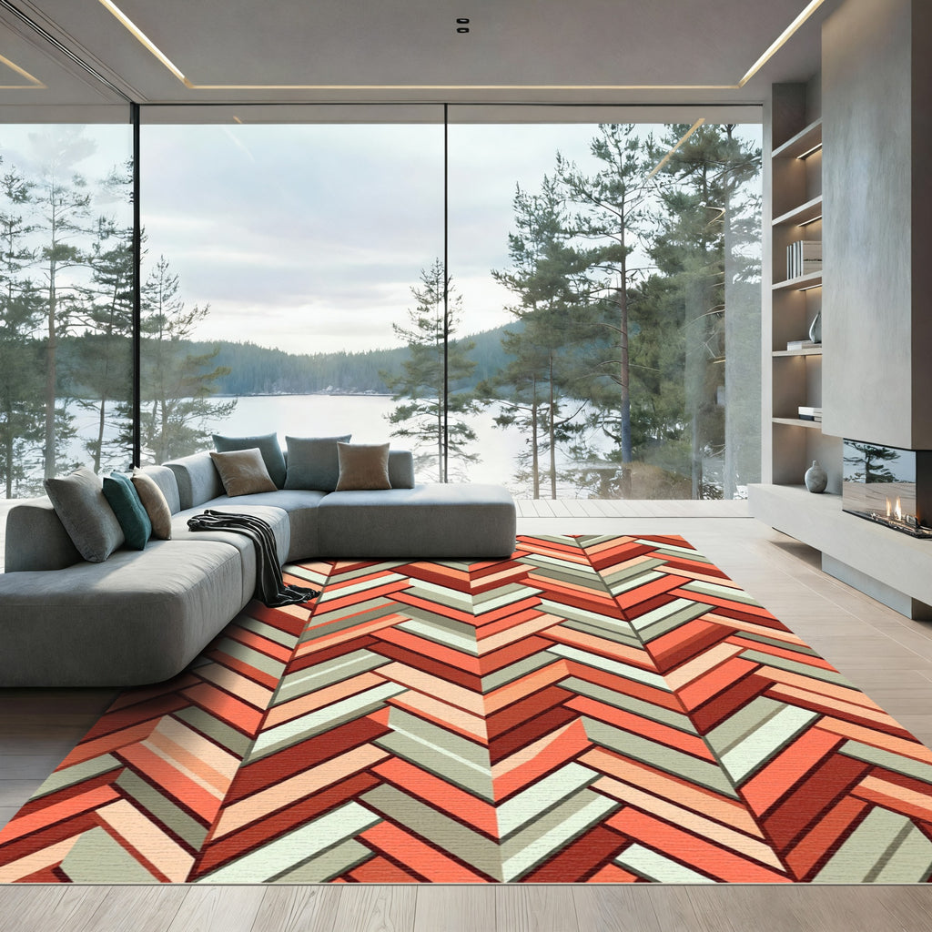Terracotta Sage Herringbone Geometric Abstract Rug
