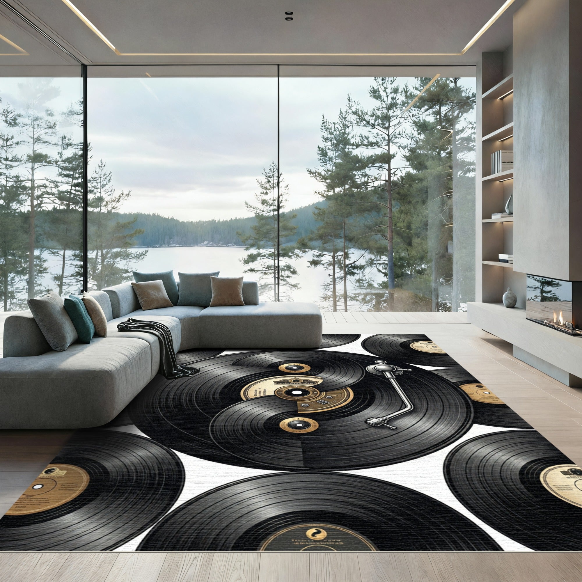 Monochrome Vinyl Record Retro Collage Rug