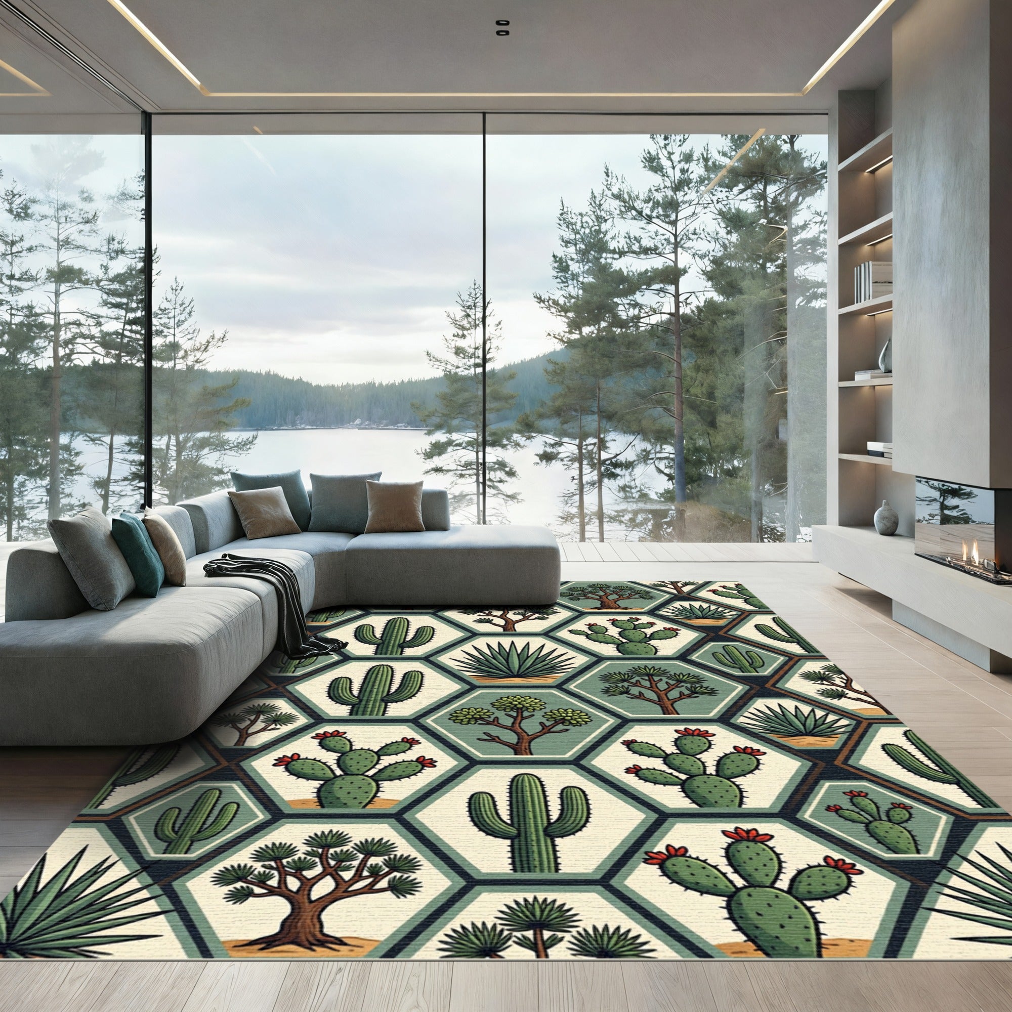 Sage Green Geometric Desert Cactus Tile Rug