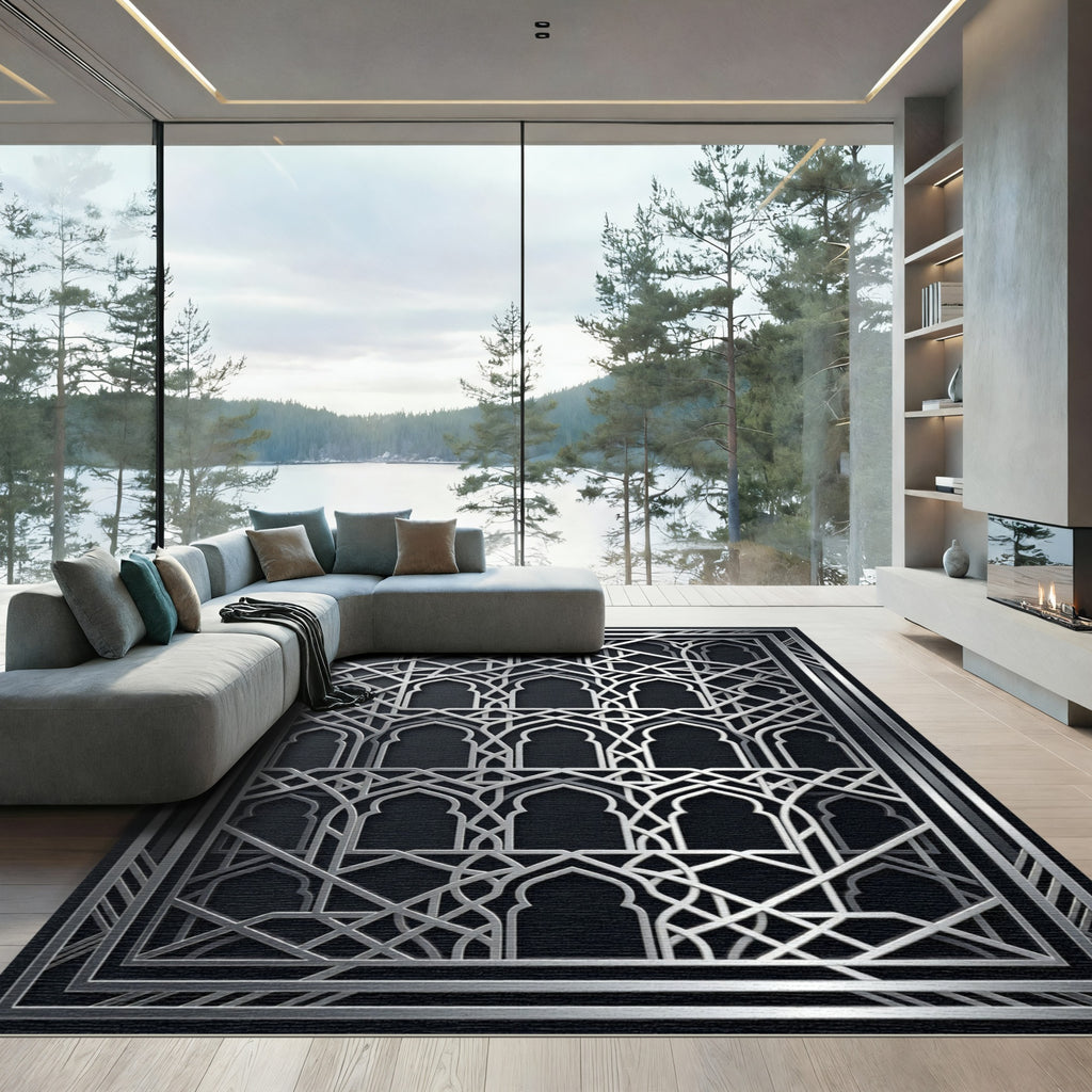 Elegant Silver Arched Lattice Frame Rug
