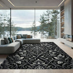 Ornate Black White Floral Flourish Rug