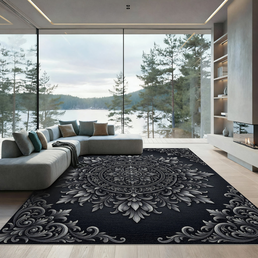 Ornate Scrollwork Mandala Gray Rug