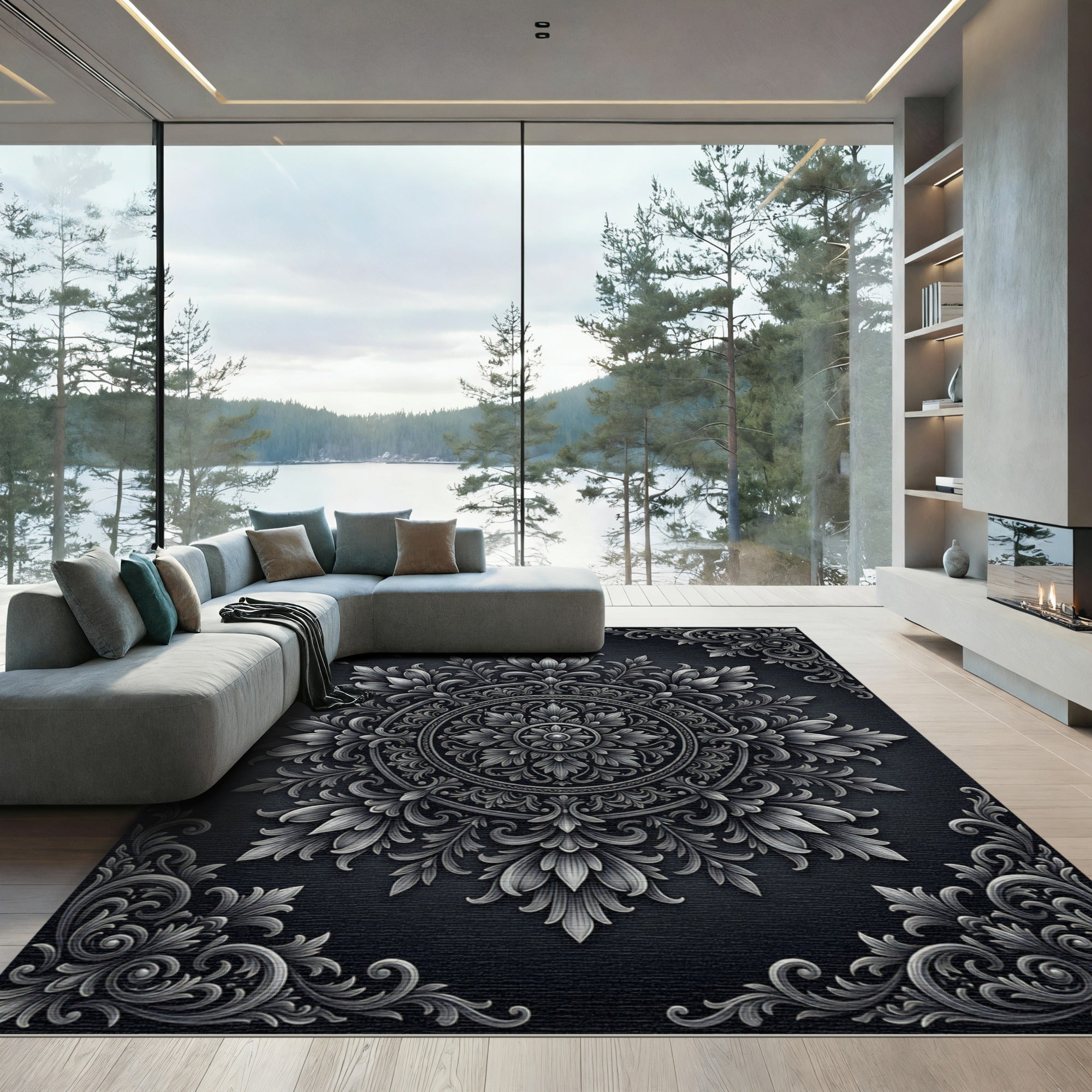 Ornate Scrollwork Mandala Gray Rug