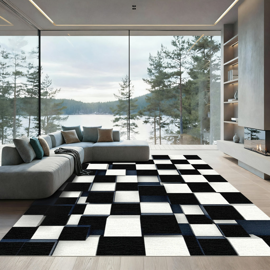 Modern Monochrome Geometric Three Dimensional Cube Rug