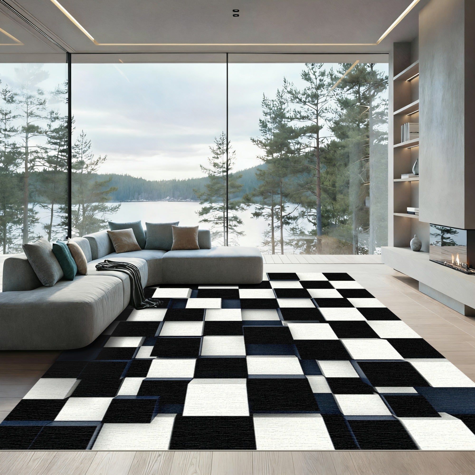 Modern Monochrome Geometric Three Dimensional Cube Rug