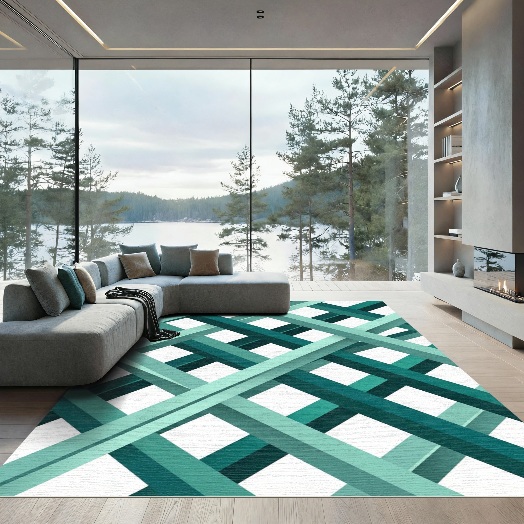 Modern Teal Intersecting Geometric Weave Rug