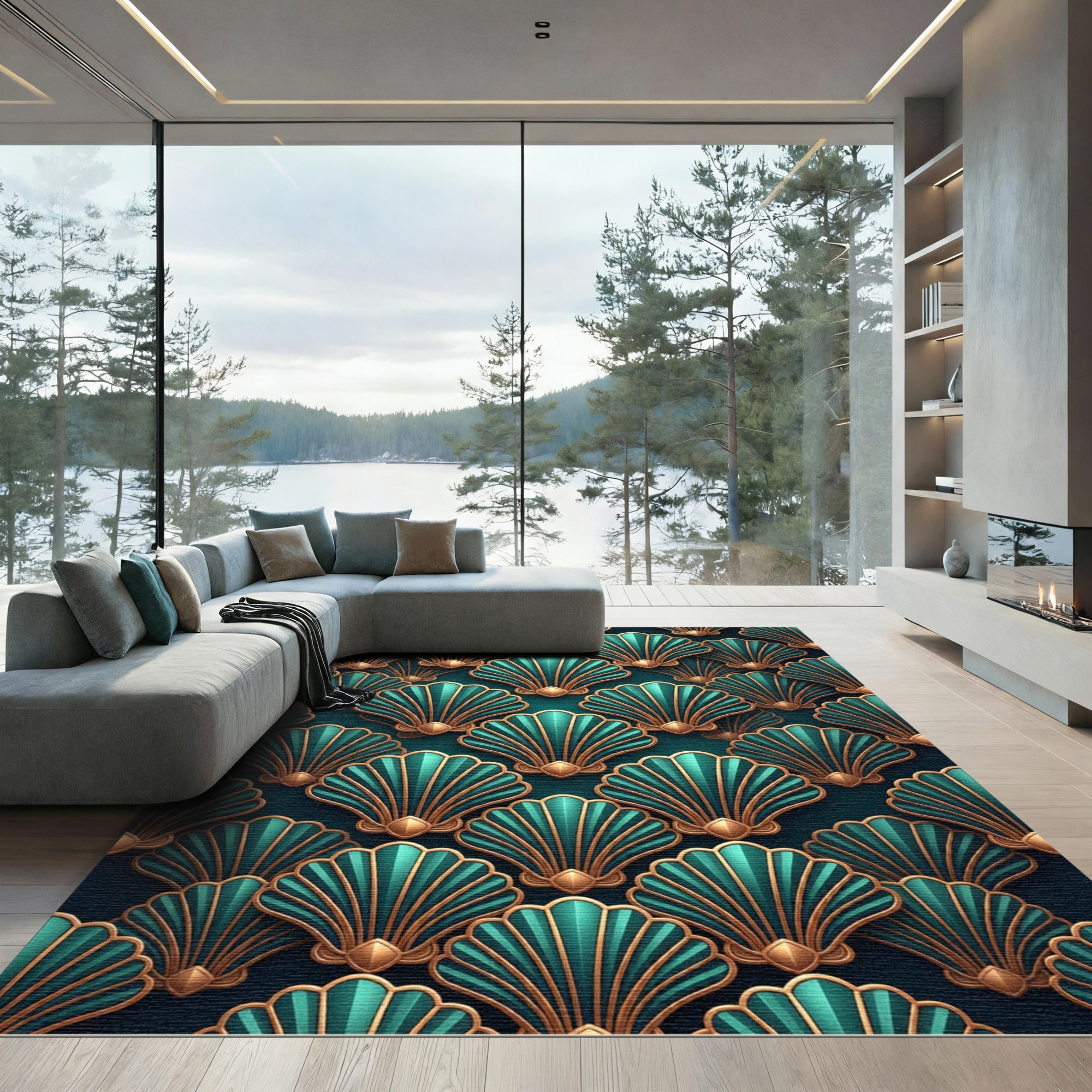 Art Deco Teal Gold Shell Radiance Rug