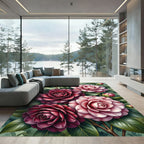 Crimson Pink Camellia Garden Watercolor Rug