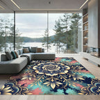 Celestial Golden Floral Mandala Watercolor Rug