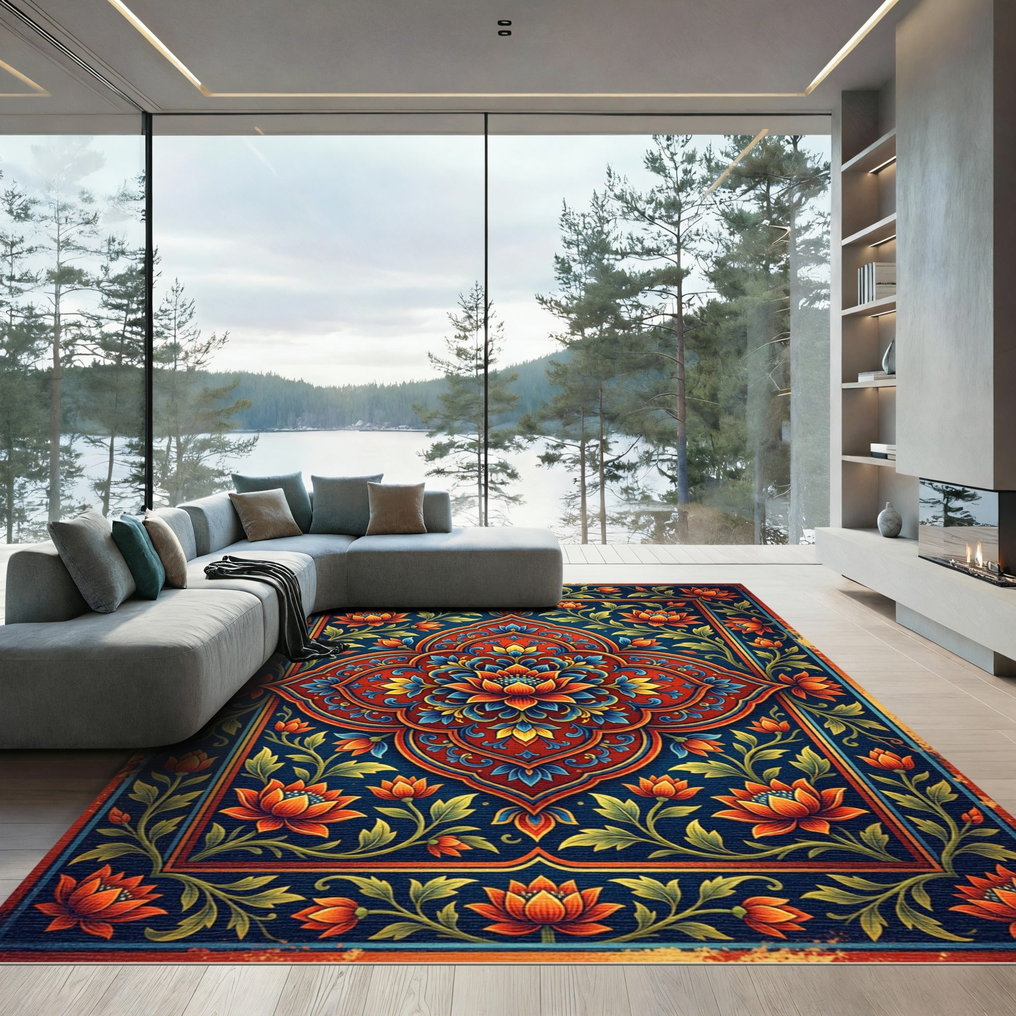 Vibrant Azure Golden Lotus Medallion Rug