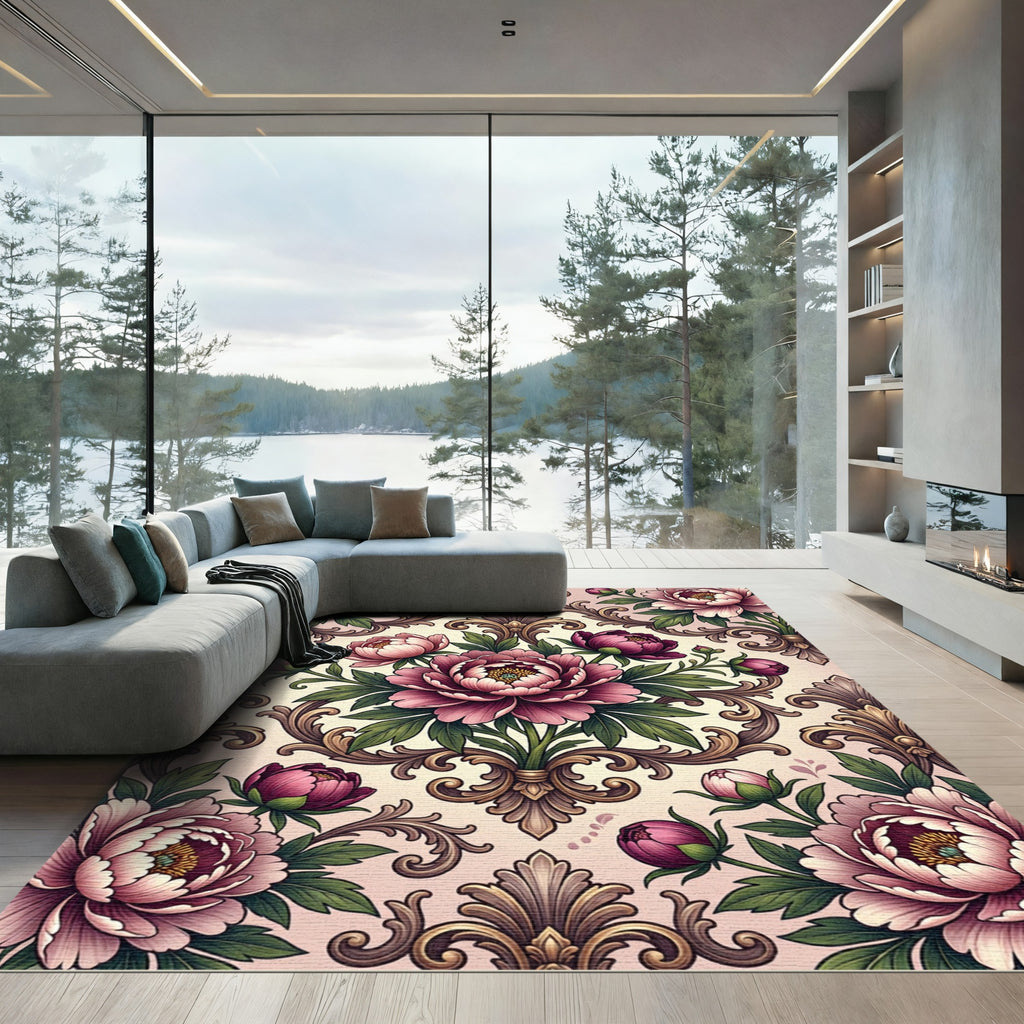 Elegant Pink Peony Damask Scroll Art Rug