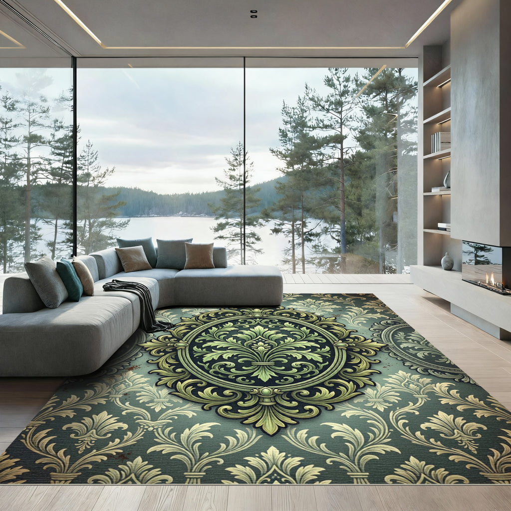 Ornate Sage Damask Scroll Medallion Rug