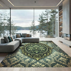 Ornate Sage Damask Scroll Medallion Rug