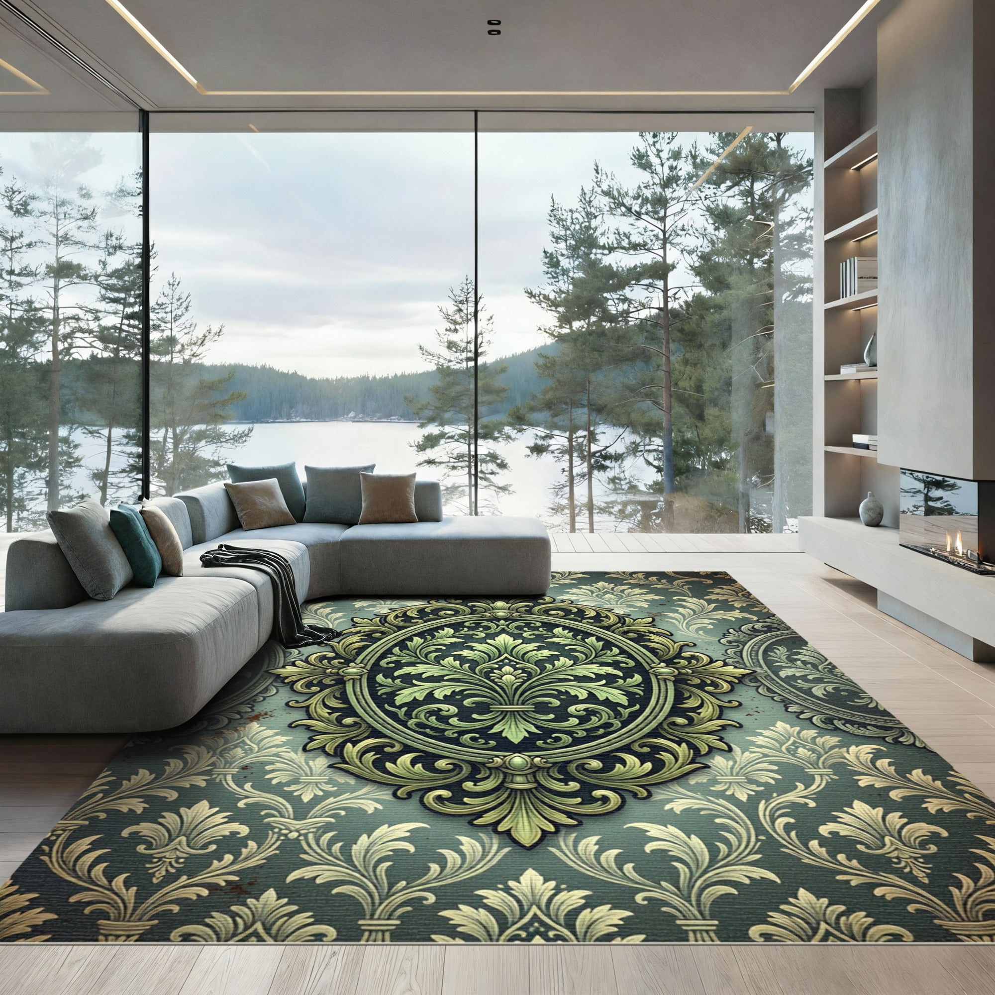 Ornate Sage Damask Scroll Medallion Rug