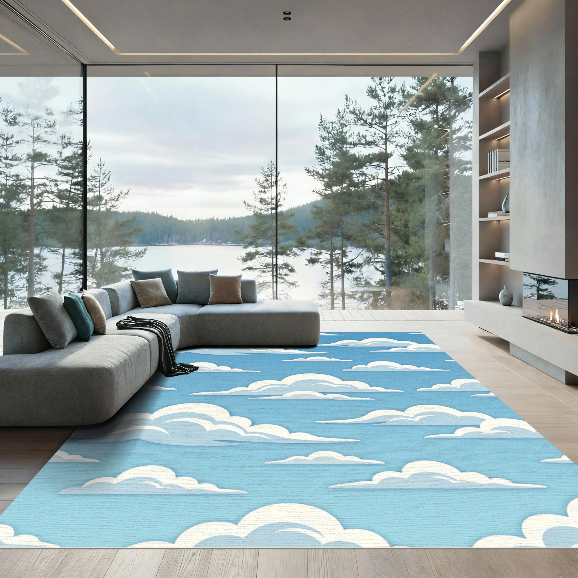 Dreamy Sky Blue Puffy Cloud Rug