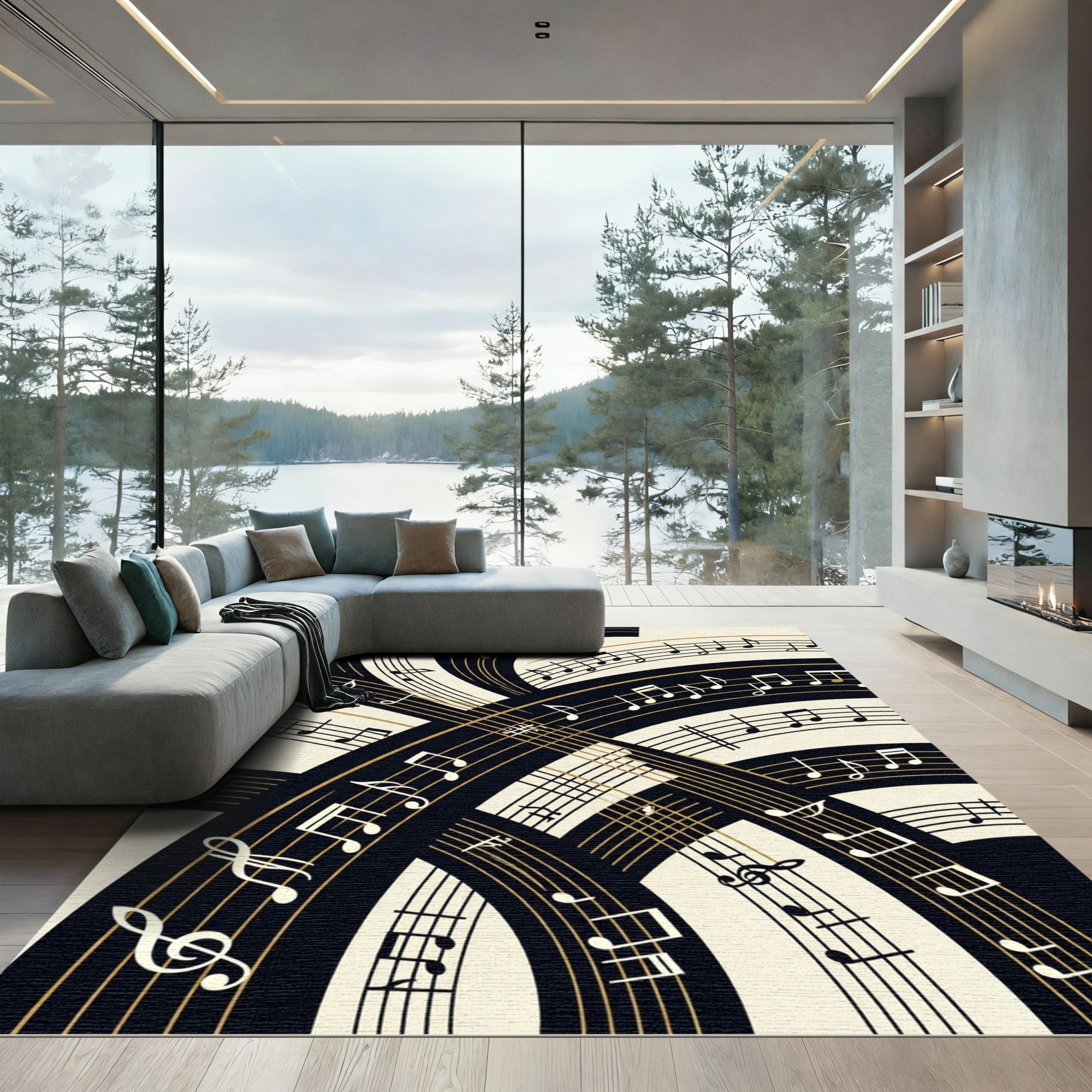 Abstract Black and Gold Musical Swirl Rug