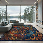 Rich Teal Orange Scrollwork Leaf Rug