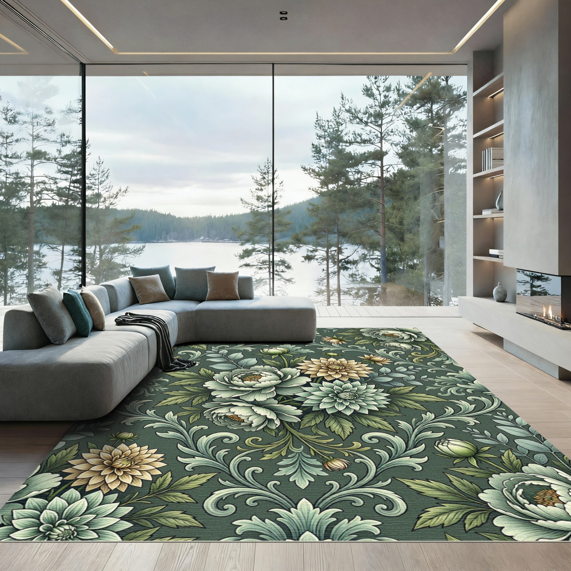 Muted Green Floral Acanthus Vine Rug