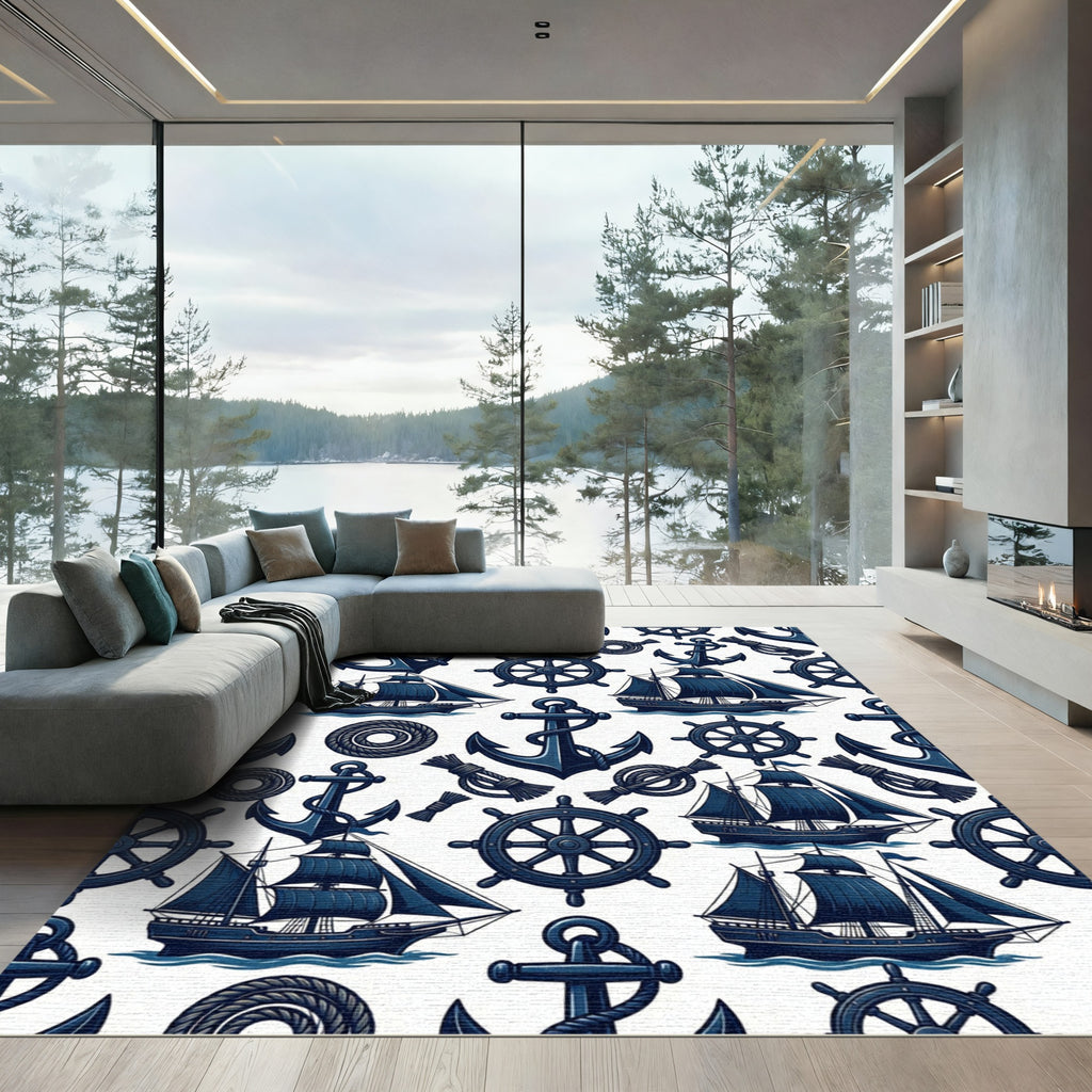 Navy Nautical Anchor Ship Helm Illustration Rug
