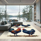 Vibrant Red and Blue Rooster Pair Rug