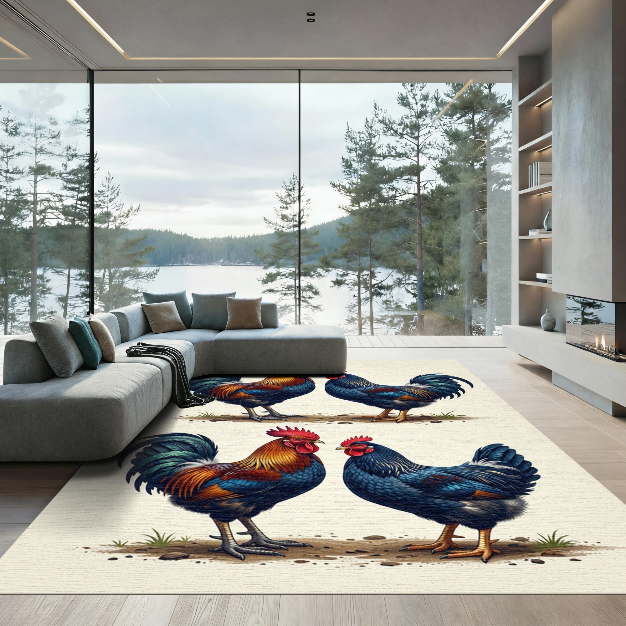 Vibrant Red and Blue Rooster Pair Rug