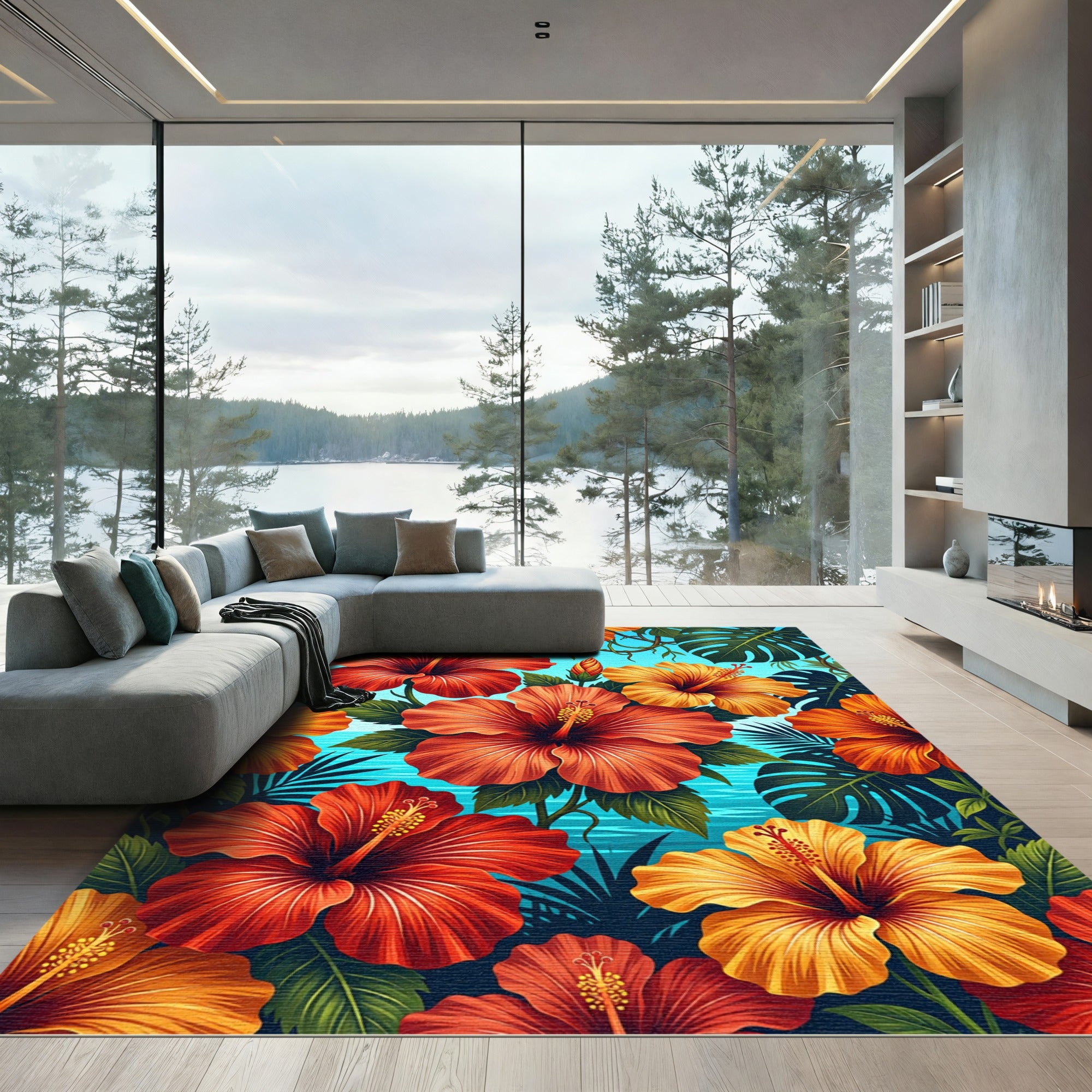 Vibrant Tropical Hibiscus Floral Lush Foliage Rug