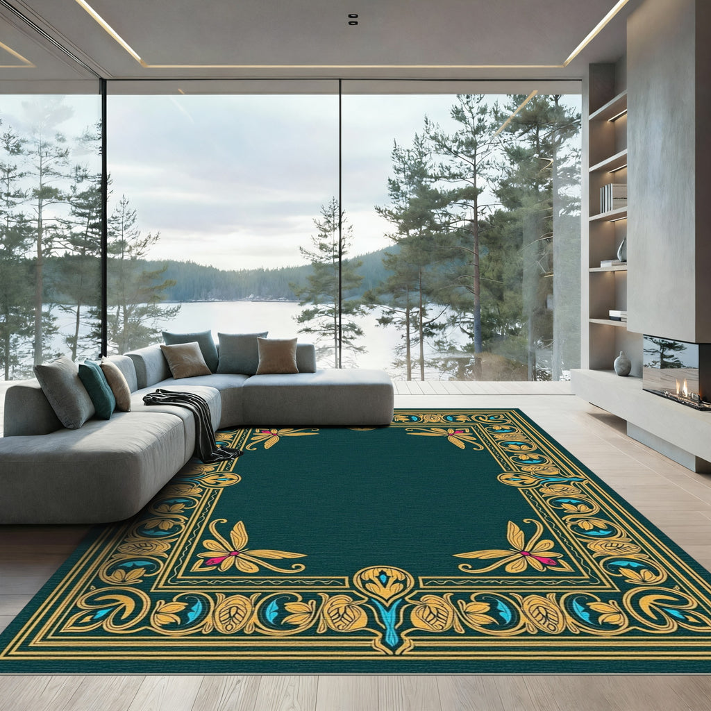 Ornate Teal Gold Floral Border Rug