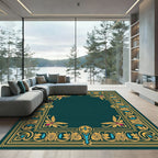 Ornate Teal Gold Floral Border Rug