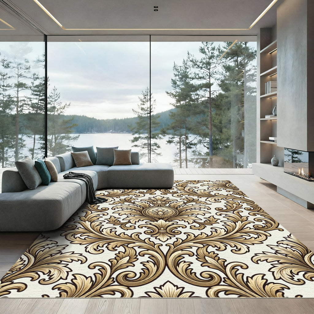 Elegant Gold Baroque Damask Scroll Rug