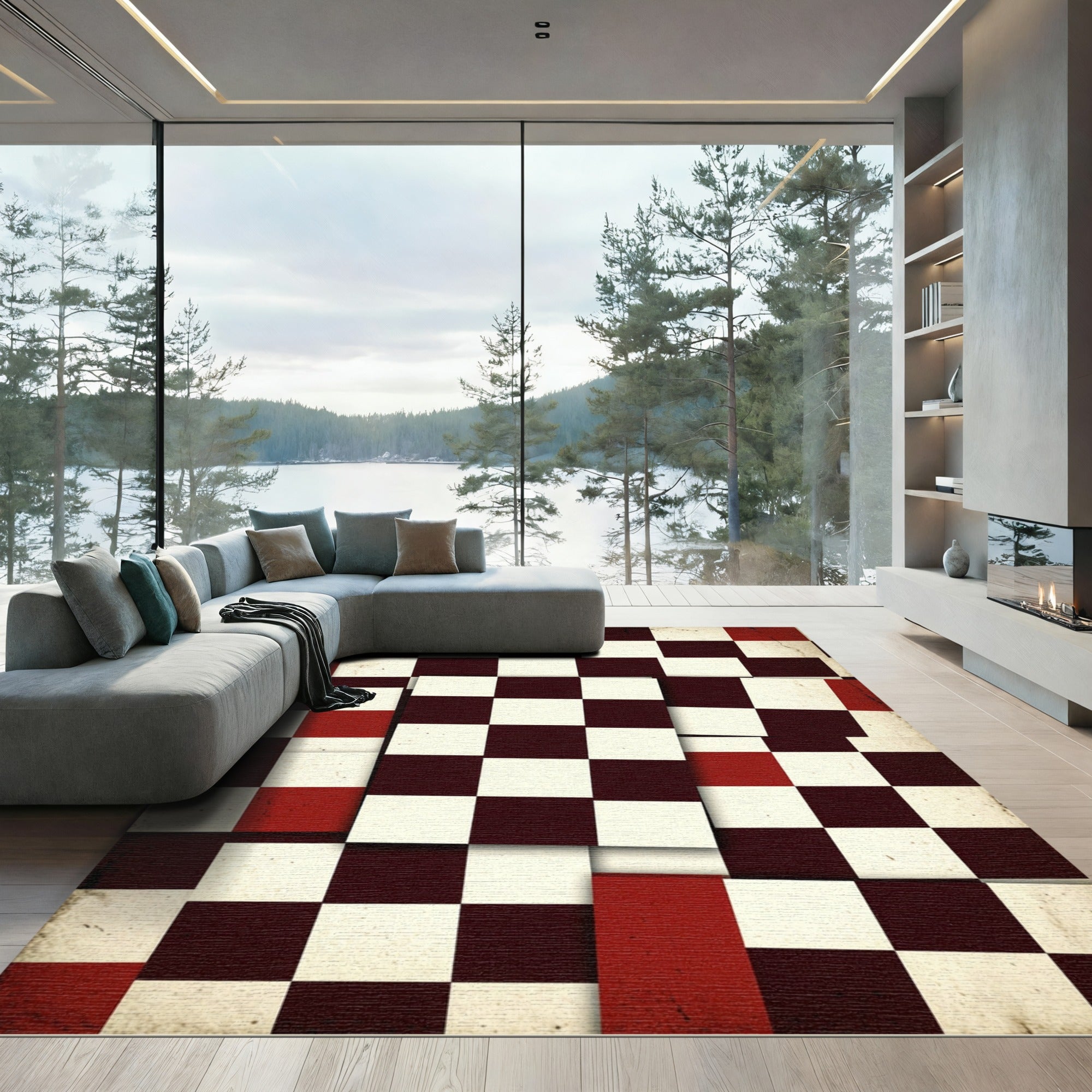 Modern Distressed Red Black Checkered Rug