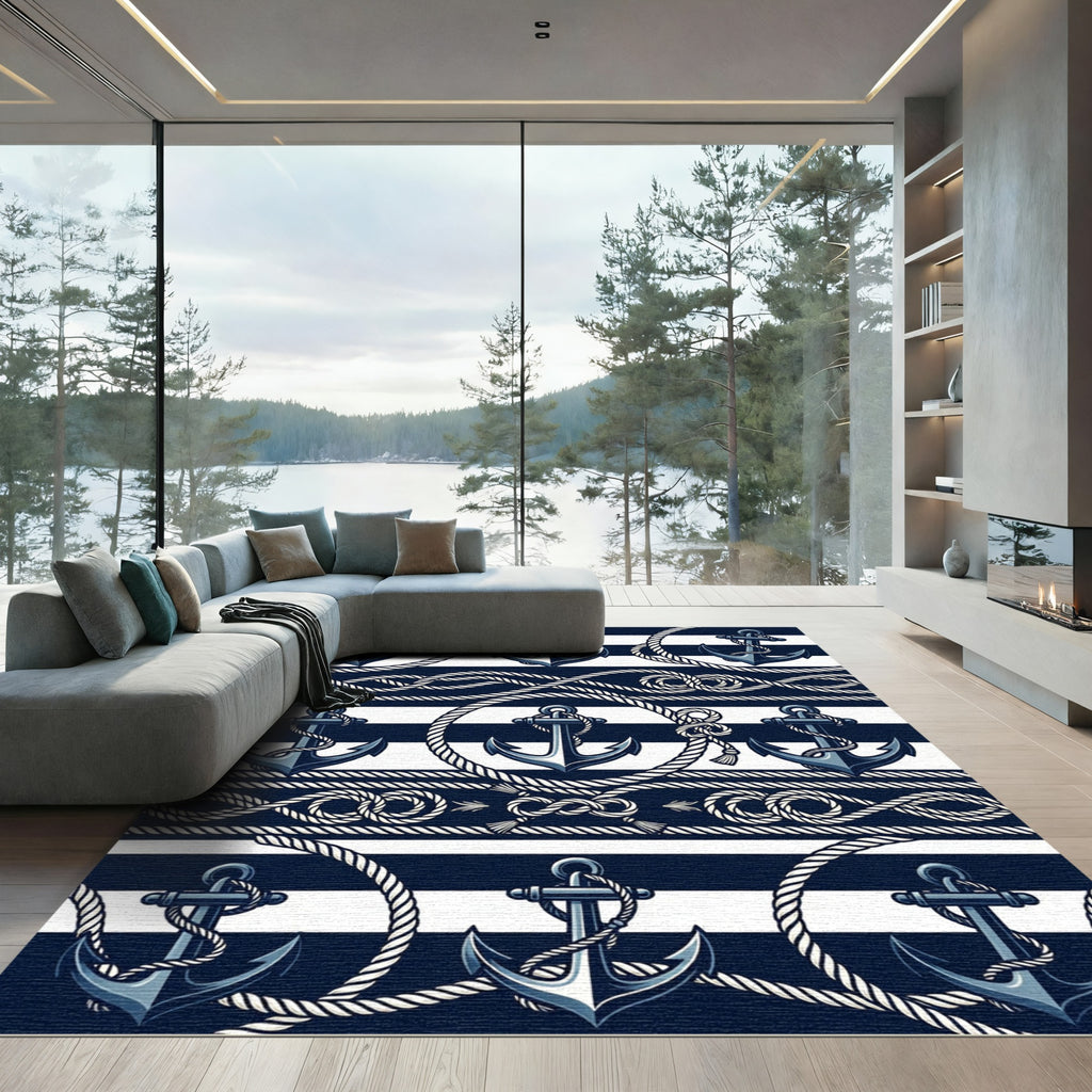 Navy Blue Nautical Anchor Rope Rug