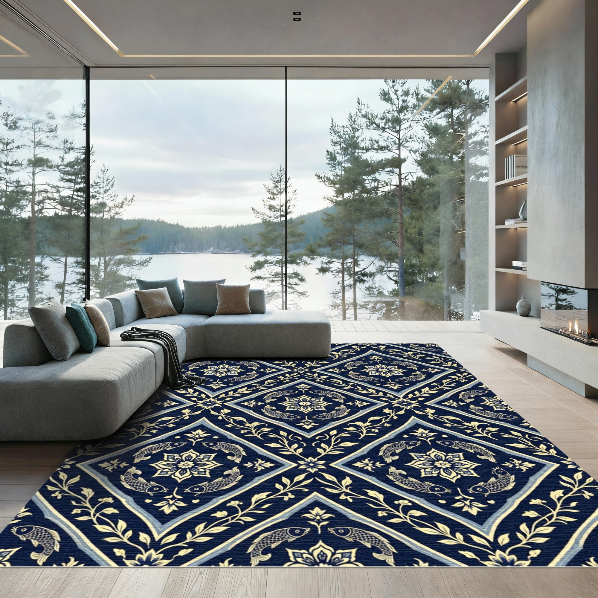 Navy Floral Koi Medallion Tile Rug